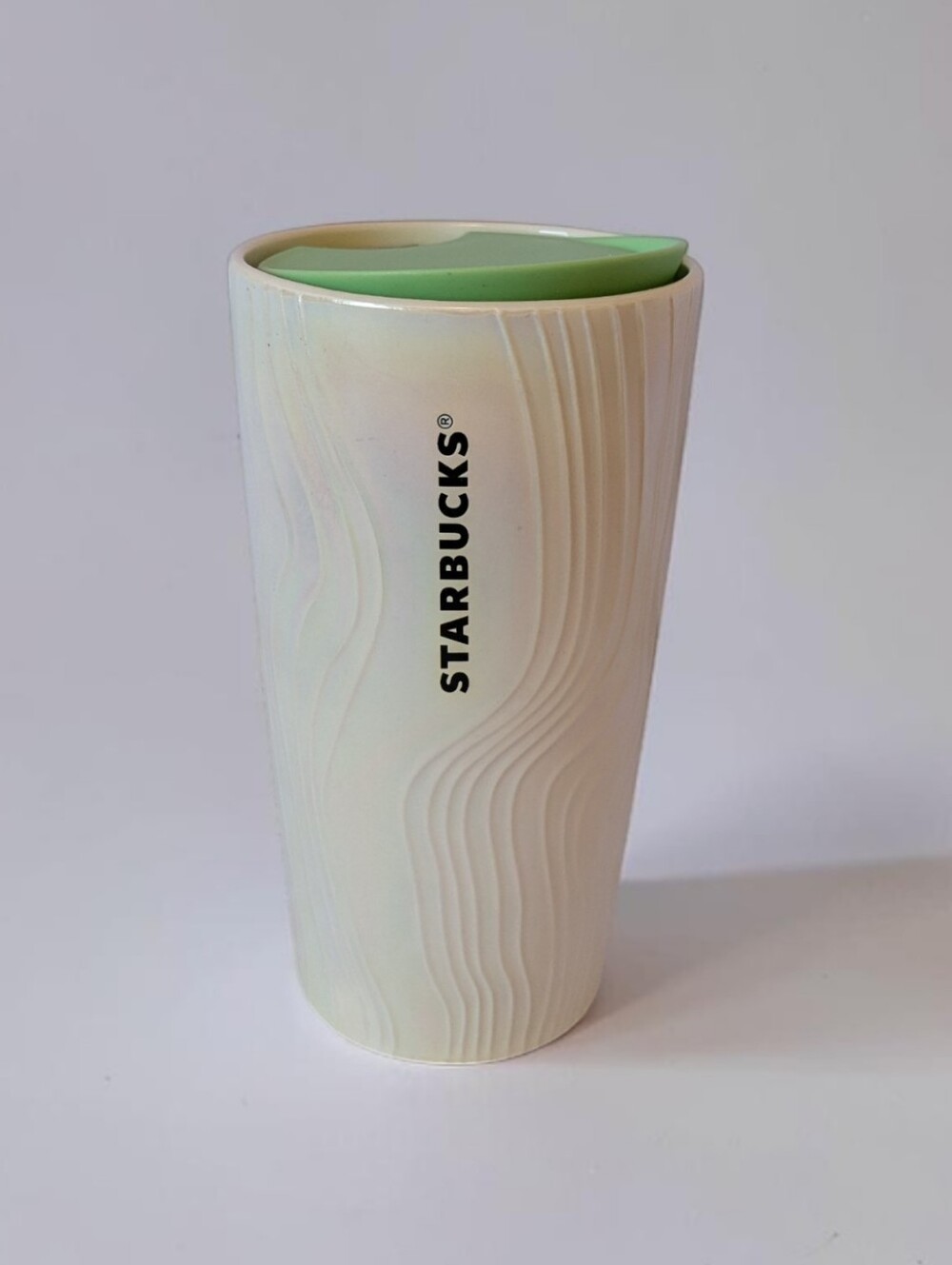 Starbucks Mother of Pearl Opalescent Ceramic Tumbler Swirl Wave Green Lid 12oz